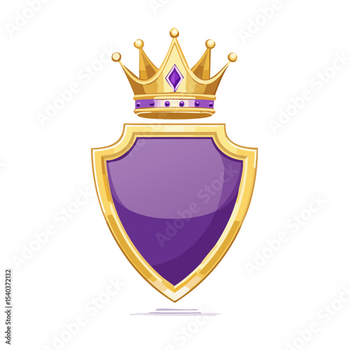 Golden crown resting on a purple shield illustration with cartoon style on a black background