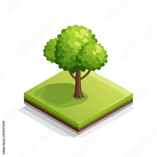 Isometric Tree on Grass Patch, Isolated Nature Landscape Illustration