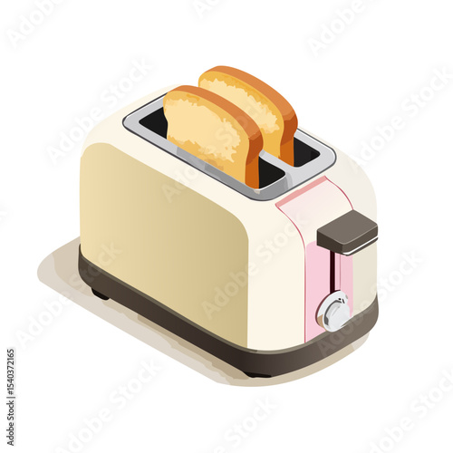 Isometric illustration of a beige toaster with two slices of toast on a black background.