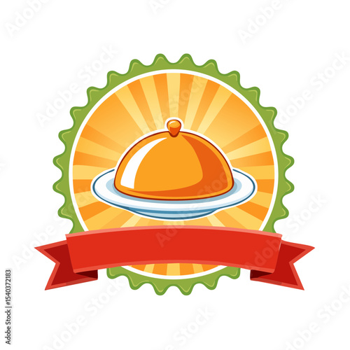 Illustration of Food Platter with Orange Dome Cover and a Red Ribbon Banner Emblem