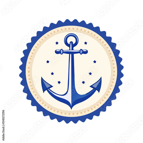Nautical themed badge with blue anchor and stars for ocean travel themes and summer vacation designs vintage style