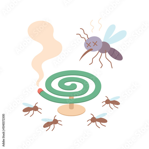 Mosquito coil emits smoke. Traditional method of insect control used to repel and kill mosquitoes. Vector illustration for educational materials, health safety, or mosquito-borne disease prevention.