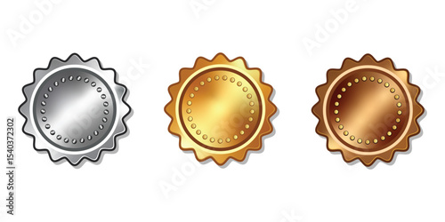 Award golden, silver and bronze blank medals 3d vector realistic illustration. First, second and third place medals or buttons isolated on white background. Quality blank, empty badge.