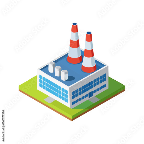 Isometric Factory Building with Smokestacks, Illustration Style