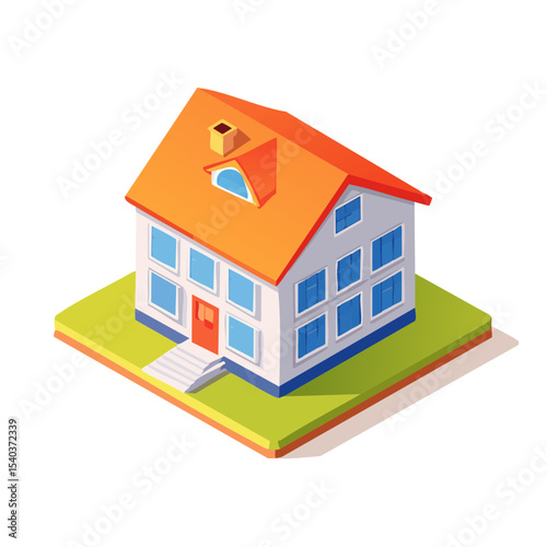 Isometric White House with Orange Roof, Windows, Door, and Green Yard on Black Background