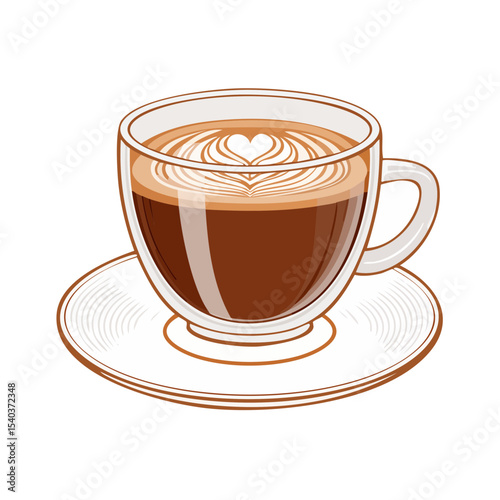 Stylized latte art in glass cup illustration with heart design on a white saucer against a black background