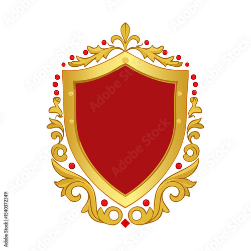 Decorative Heraldic Crest with Golden Frame and Red Center on a Black Background