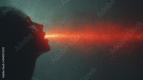 A silhouette of a man in profile, with a bright red glow escaping from his mouth, like a stream of energy or galactic light