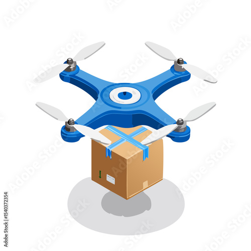 Blue Drone Delivering Brown Cardboard Box Package in Isometric Illustration on Black Background