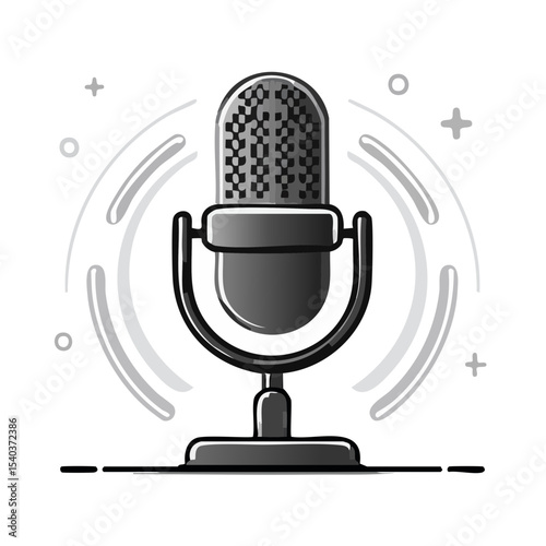 Studio microphone illustration for podcasting or radio show emblem on a dark background with soundwaves and geometric shapes