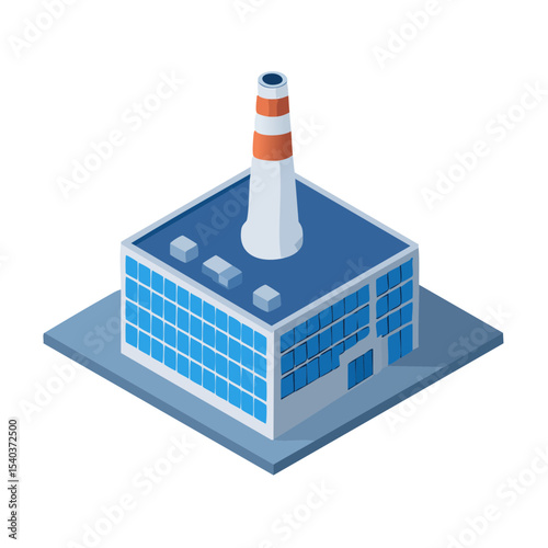 Isometric Factory Building with Chimney Stack and Blue Paned Windows, Industrial Architecture