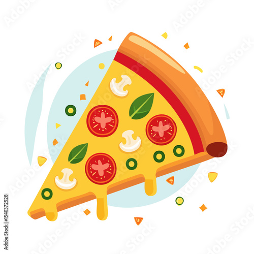 Delicious Pizza Slice with Tomatoes Mushrooms and Basil Graphic Illustration