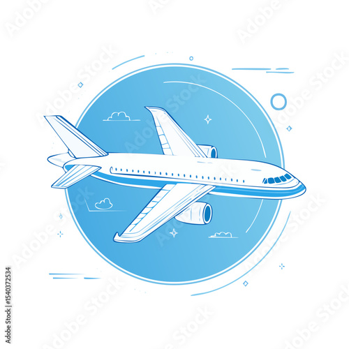 Commercial Airplane Flying with Blue Circle Background, Vector Illustration