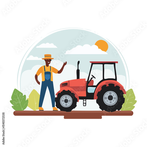Farmer with Tractor Agricultural Illustration Farming Vehicle Harvest Crop Cultivation Rural Agriculture Worker Farming Equipment Flat Design