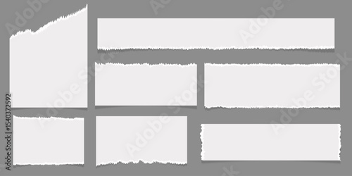 Set of white torn paper pieces. Sheet of paper with ripped edges. Element for note. Vector illustration.