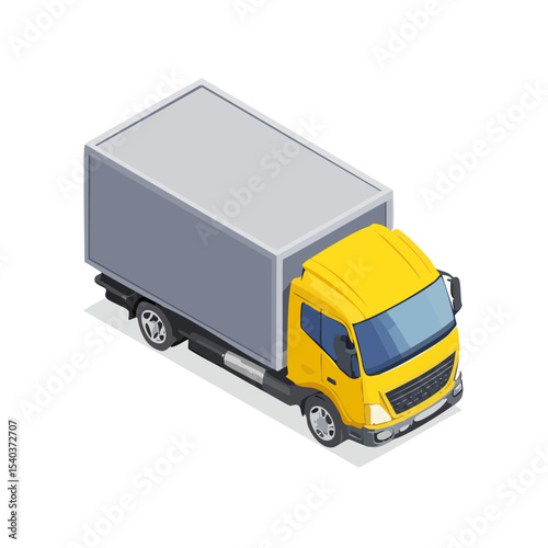 Isometric Delivery Truck in Yellow and Gray Transporting Cargo and Goods