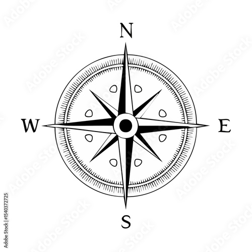 White Compass Rose Symbol on Black Background Indicating Directions and Nautical Navigation