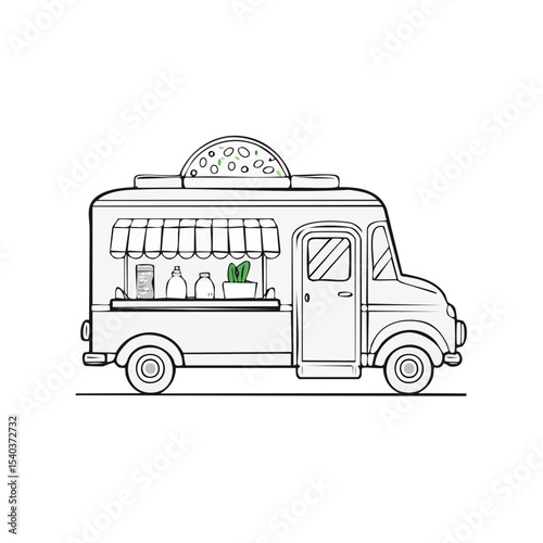 Charming Hand Drawn Food Truck Illustration Displaying Food and Plant Isolated on Black Backdrop