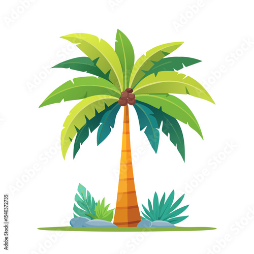 Cartoon palm tree illustration with tropical leaves stones and greenery on black background vector illustration summer vacation