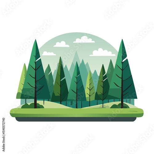 Stylized Forest Scene with Evergreen Trees and Mountain Peaks Under Cloudy Sky Ideal for Nature Illustrations and Graphic Designs