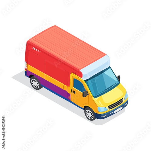 Isometric van with vibrant colors, vector illustration of cargo transportation and delivery service, commercial vehicle on a black background