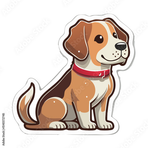 Cute cartoon beagle dog sitting upright wearing red collar isolated on black backdrop lovable pets friendly animals domestic hounds breeds