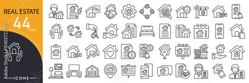 Real estate related icon collections. Containing house, property, agent, rent, sale, building, key, mortgage, location, and contract icons. Outline icons.

