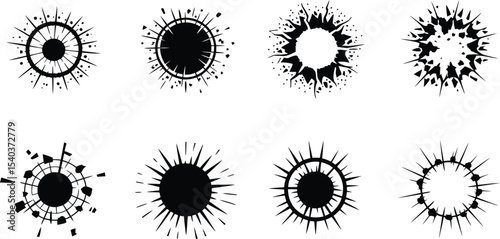 Collection of eight circular burst designs in black and white on a white background vector graphic
