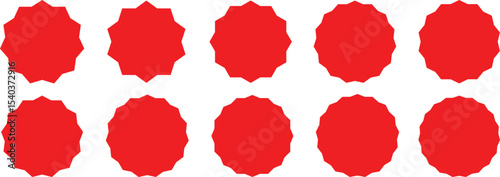 Set of red starburst. Sale sticker, price tag, Price sticker, sale sticker, price tag, starburst, quality mark, retro stars, sale. Wavy edge promo badges. Starburst shape tags for price. Red sale tags