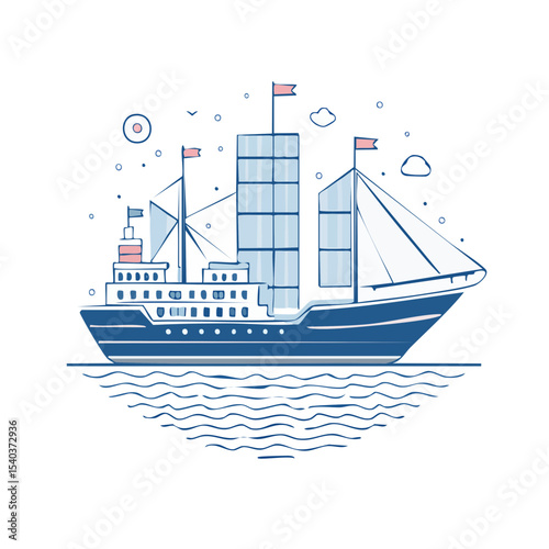 Stylized illustration of a sailing ship at sea, sailing under a starry night sky with clouds and a moon