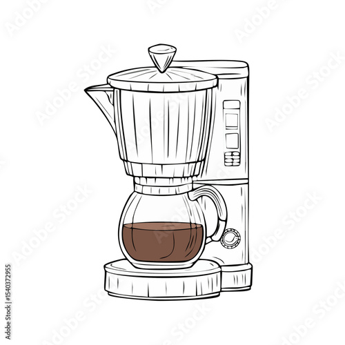 Stylized Coffee Maker with Full Carafe on Black Background Outline Illustration