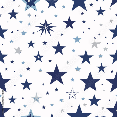 Seamless star pattern on white background, illustration of various star shapes and sizes for textile prints or wrapping paper