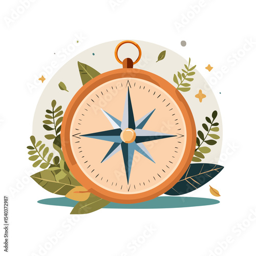 Decorative compass illustration with foliage design element for navigation and travel, adventure concept with stylized leaves and vintage feel