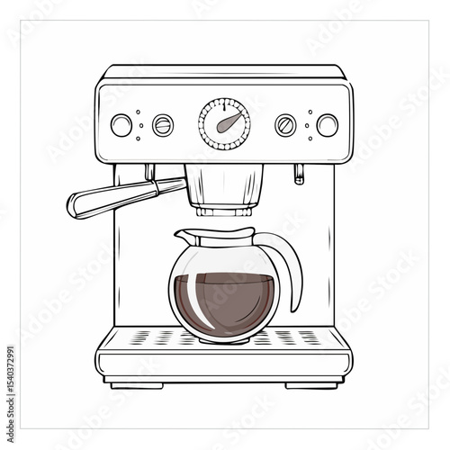 Retro Espresso Machine with Coffee Pot Outline Drawing Kitchen Appliance Design