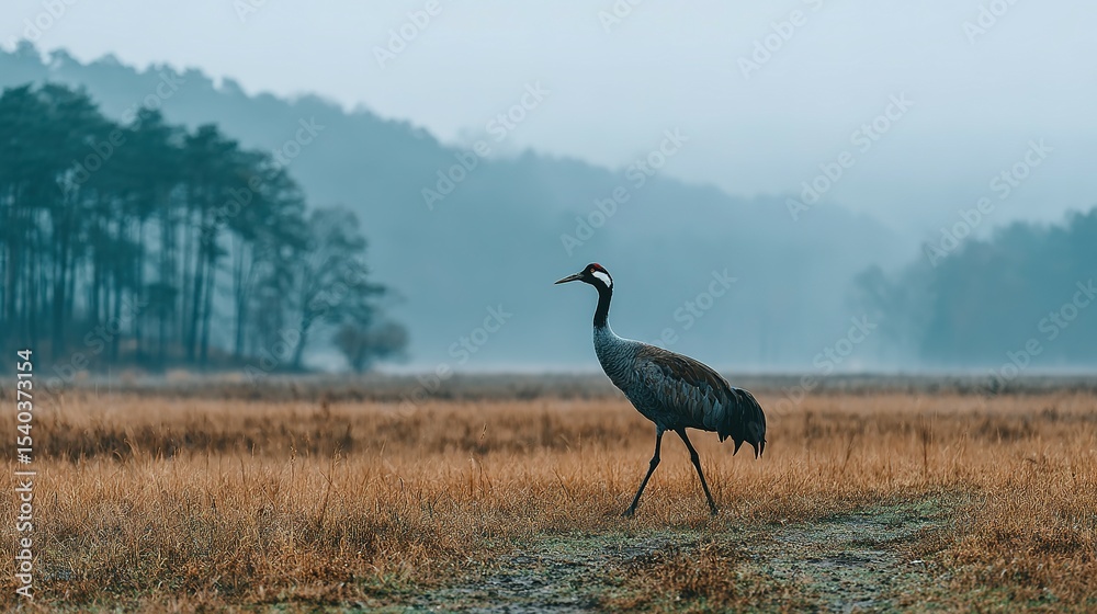 Fototapeta premium Grey crane walks across a field of dry grass.