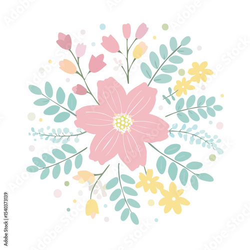 Hand-Drawn Floral Arrangement with Pink Flowers and Mint Leaves on Black Background