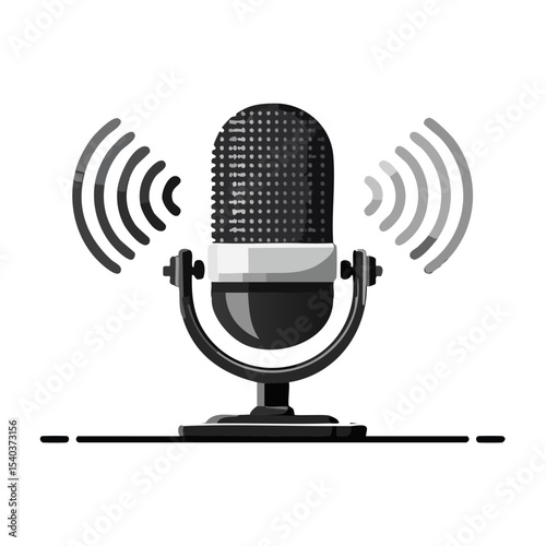 Vintage microphone broadcasting sound waves on black background, podcasting, radio concept