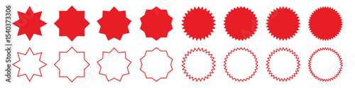 Blank starburst badge sticker label and red starburst set. Sale sticker, price tag, starburst icon, rice sticker, sale sticker, price tag, starburst, quality mark, retro stars, circle sticker set.  
