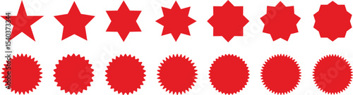 Set of red starburst. Sale sticker, price tag, starburst icon, quality mark, retro stars, circle sticker, red badges. Starburst red shape tags for price tags