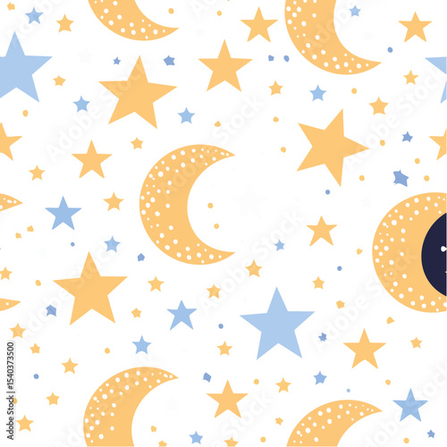 Seamless starry night pattern with moons and stars on a black background whimsical celestial design for textiles and decorative backgrounds