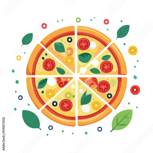 Delicious pizza divided into slices with tomato olives and basil garnish on black background flat illustration