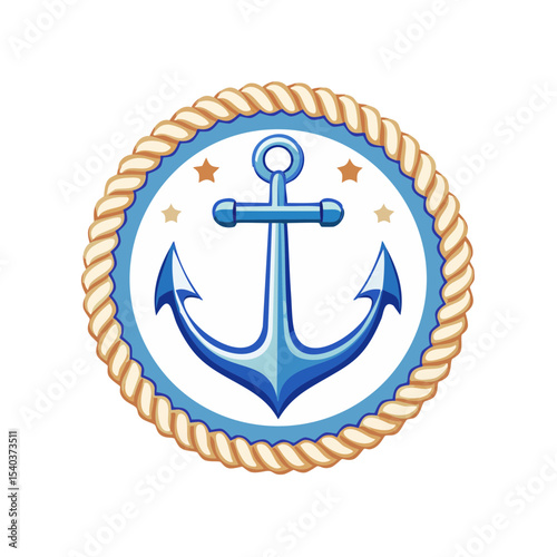 Blue cartoon anchor in a circle badge with rope frame and stars. Maritime vector design, nautical symbol, ship element for graphic compositions.