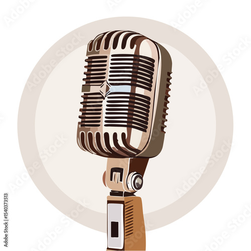 Illustration of a classic microphone symbol of broadcast sound and communication media technology equipment for singing and speech in retro style