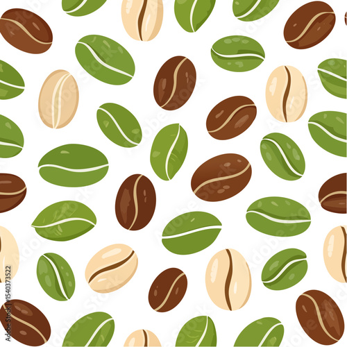 Coffee beans seamless pattern with green, brown, and beige tones on a black background