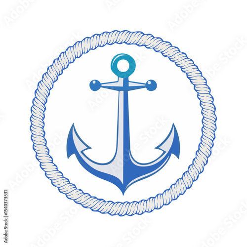 Nautical Anchor Illustration with Rope Border Nautical Emblem Ocean Element Marine Symbol Sea Theme Blue and White Design Vector