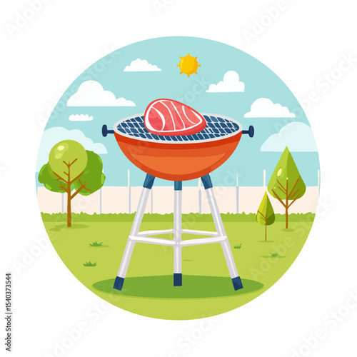 Cartoon Grill with Steak in a Backyard Scene Barbecue Preparation Outdoors with Trees and Clouds Summer Day Picnic Concept