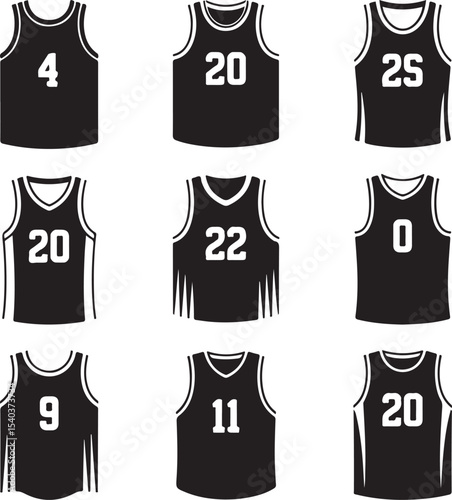 Set of 10 Black Basketball Jersey Silhouettes — Various Styles and Collar Cuts — Number Placeholder Designs, Clean Flat Icons on White Background