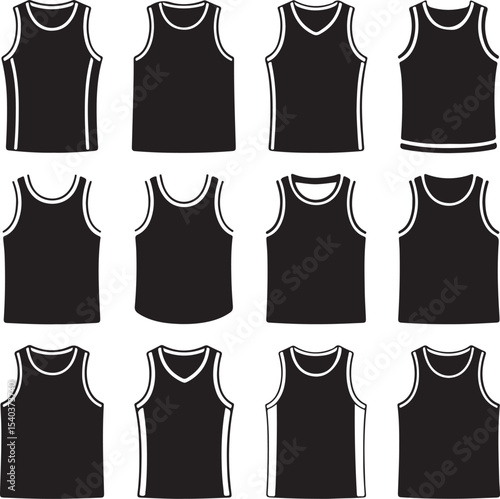 Set of 10 Black Basketball Jersey Silhouettes — Various Styles and Collar Cuts — Number Placeholder Designs, Clean Flat Icons on White Background