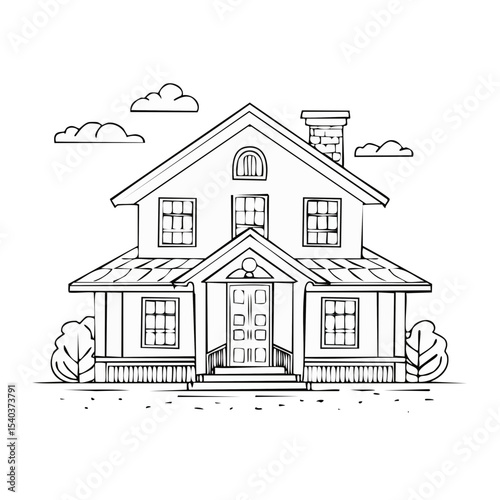 White House Line Drawing Illustration, Facade with Windows, Doorway, Porch, Chimney, Trees, Clouds