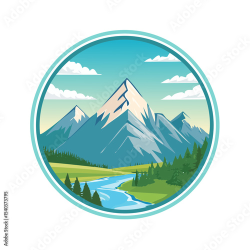 Scenic Mountain Landscape with River and Trees in Circle Frame, Nature Adventure